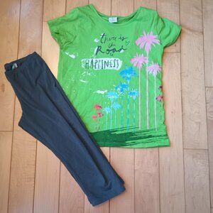 Boboli green t-shirt and charcoal legging set with palm tree print size 10